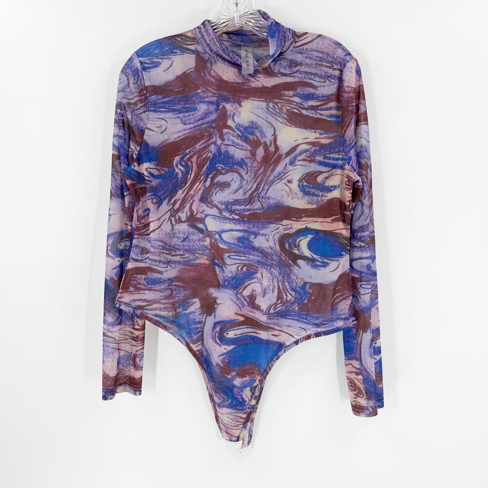 HALFHEART Mesh Bodysuit 1X Abstract Marble Print Sheer Long Sleeve Y2K Stretch
